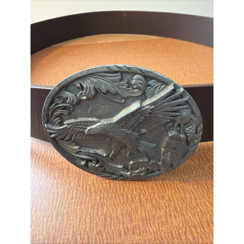 Vtg‎ Siskiyou Eagle Belt Buckle 1995 Made in USA With Brown Leather Belt 44"